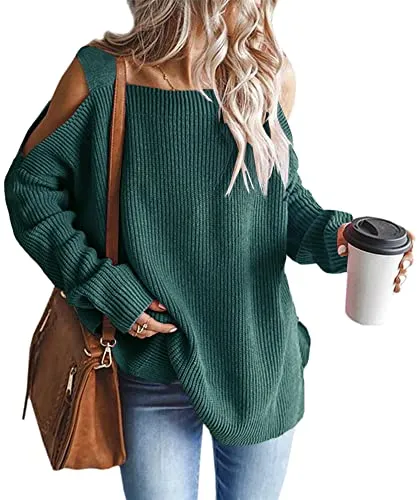 Women's Cold Shoulder Oversized Sweaters Batwing Long Sleeve Square Neck Chunky Knit Fall Tunic Sweater Tops