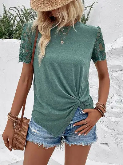 Round-Neck Short-Sleeve Lace-Detail T-Shirt