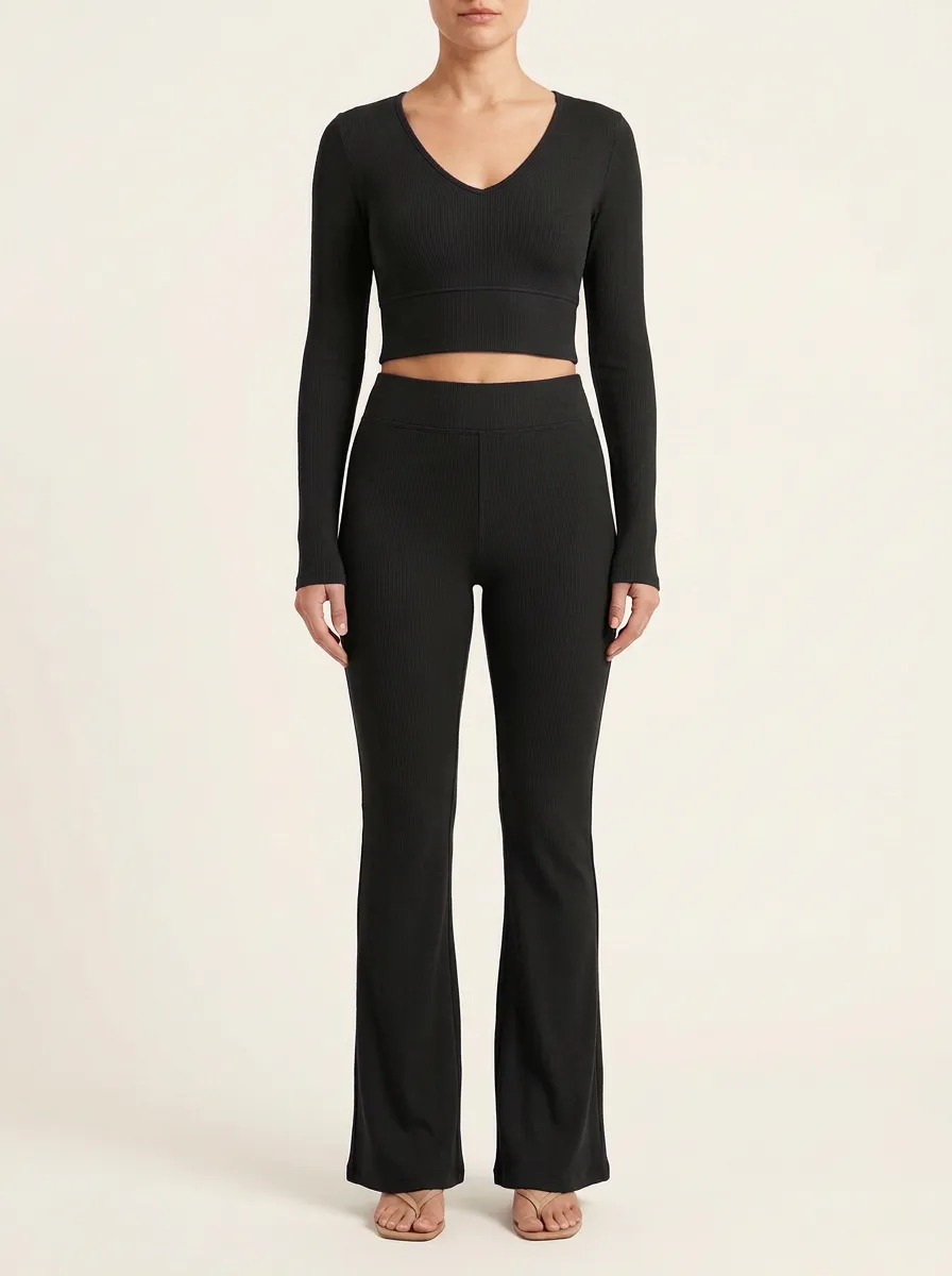 Women's Ribbed V-Neck Crop Top and Clean-Waist Flare Pant Set
