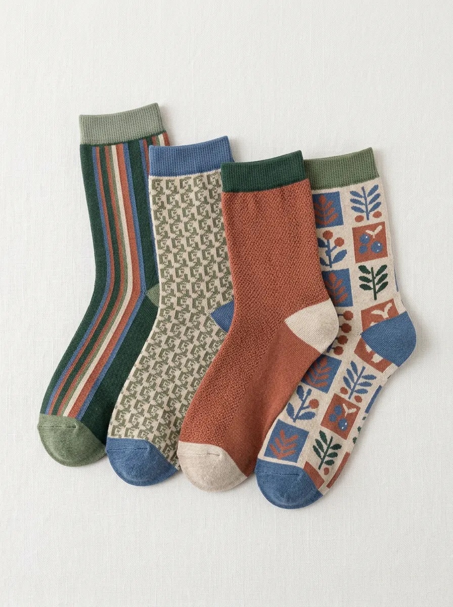 Floral Striped Vintage Retro Four-Pair Casual Socks