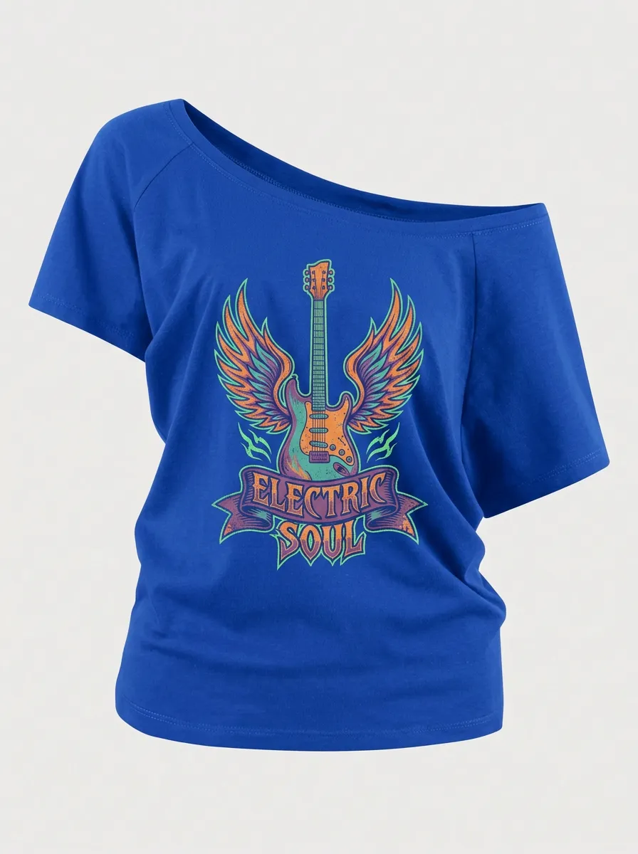 Women's Rock Music Lover Electric Soul Winged Guitar Printed Off-Shoulder Top