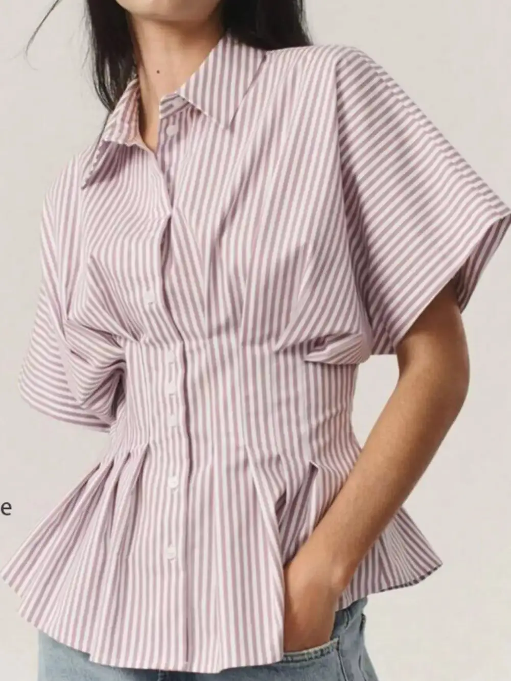 Cinched-Waist Striped Buttoned Shirt