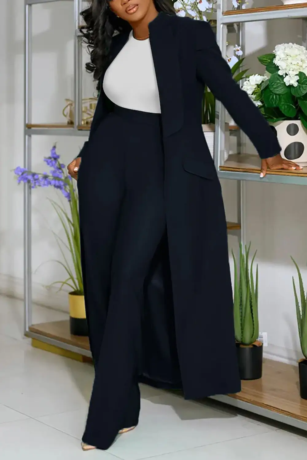 Turndown Collar Solid Color Long Blazer High Waist Pants 2pcs Set-Green