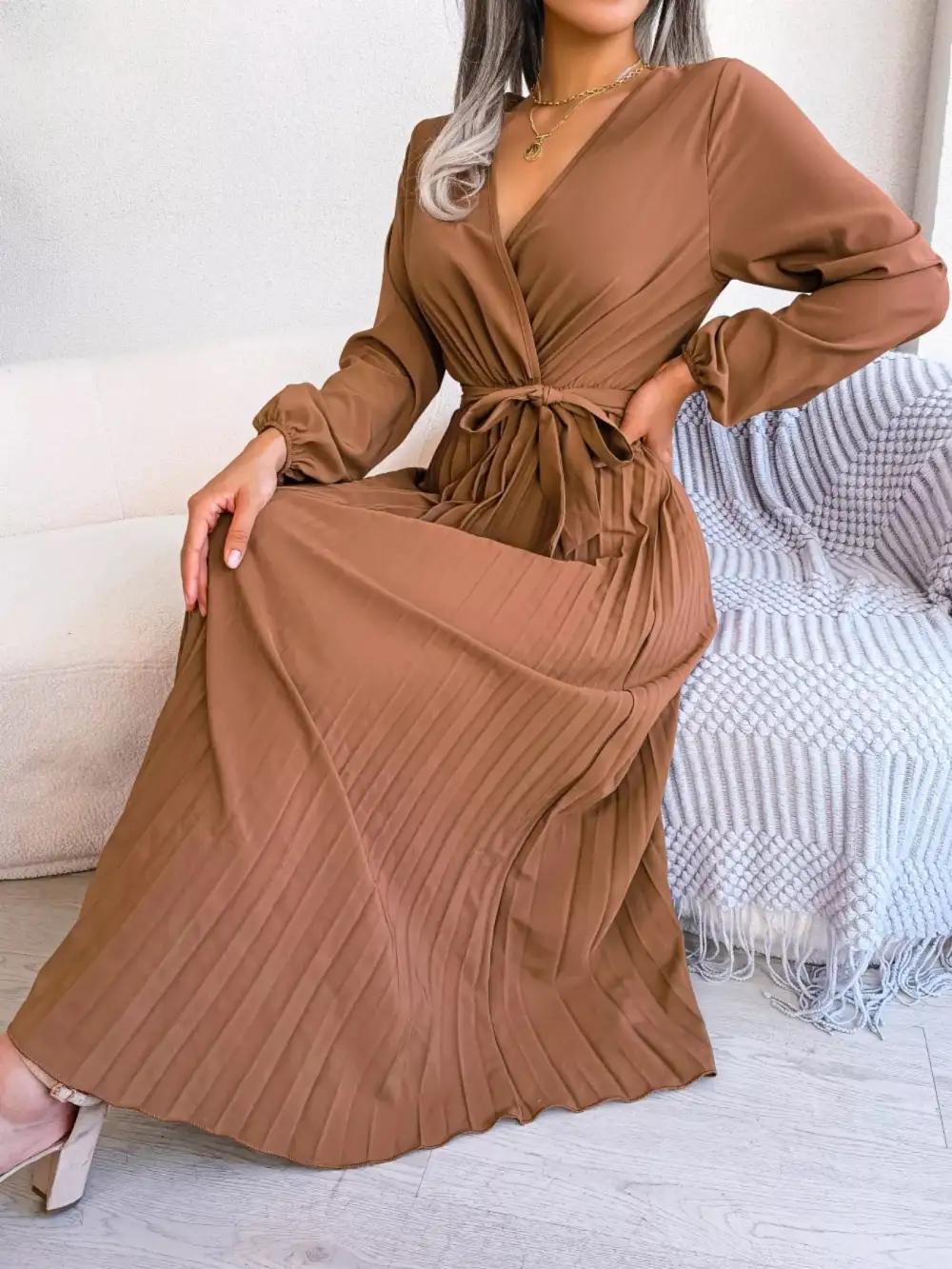 Pleated Long Sleeve Dress Casual