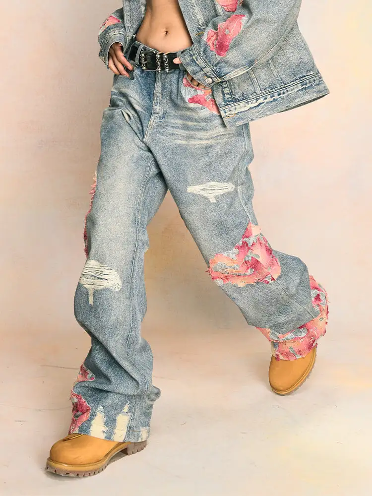 Lace-Embroidered Wide-Leg Jeans