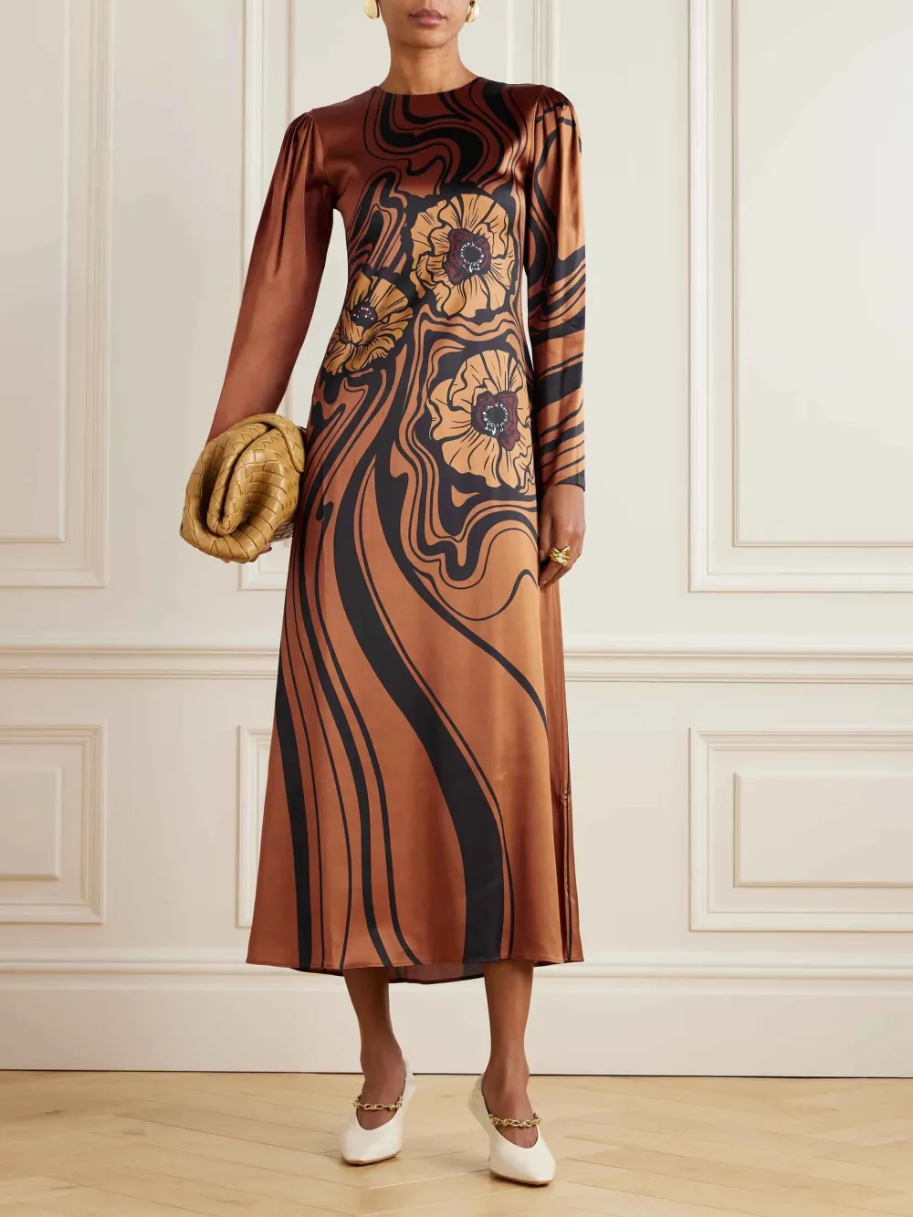 Delicate Floral Wave Print Satin Midi Dress