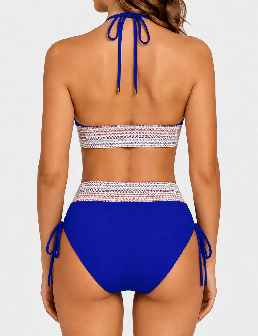 Deep V Neck Colorful Zigzag Smocked Trim Bikini Set