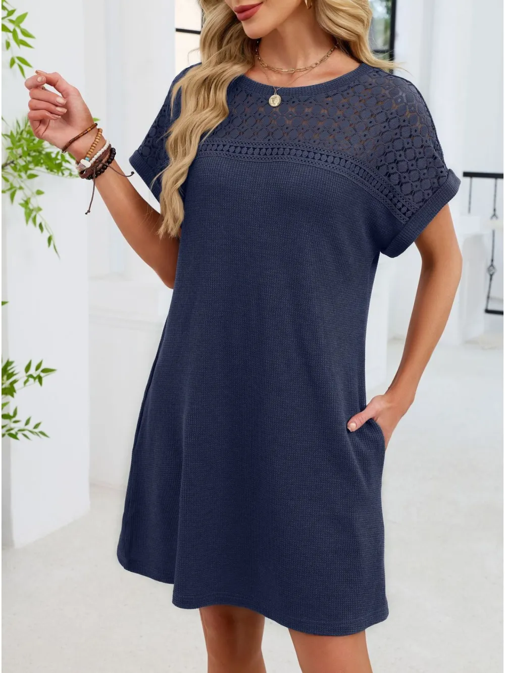 Lace Round Neck Short Sleeve Shirt Dress