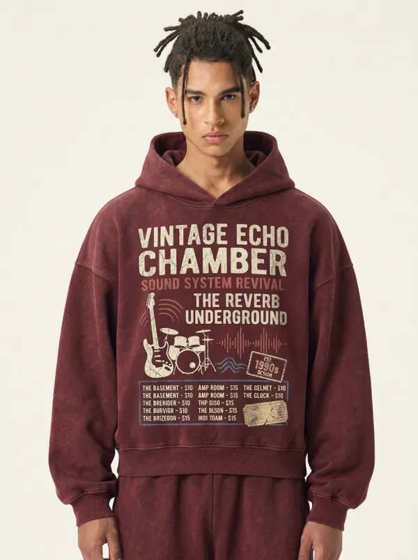 Men's Vintage Rock Band Echo Chamber Guitar Drum Printed Hoodie