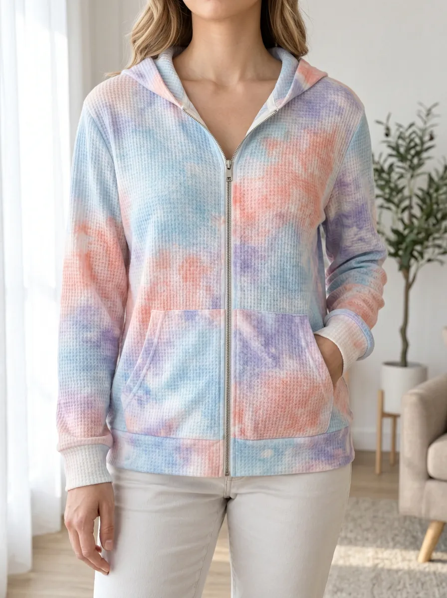 Women's Pastel Tie-Dye Artful Focus Waffle Zip-Up Hoodie