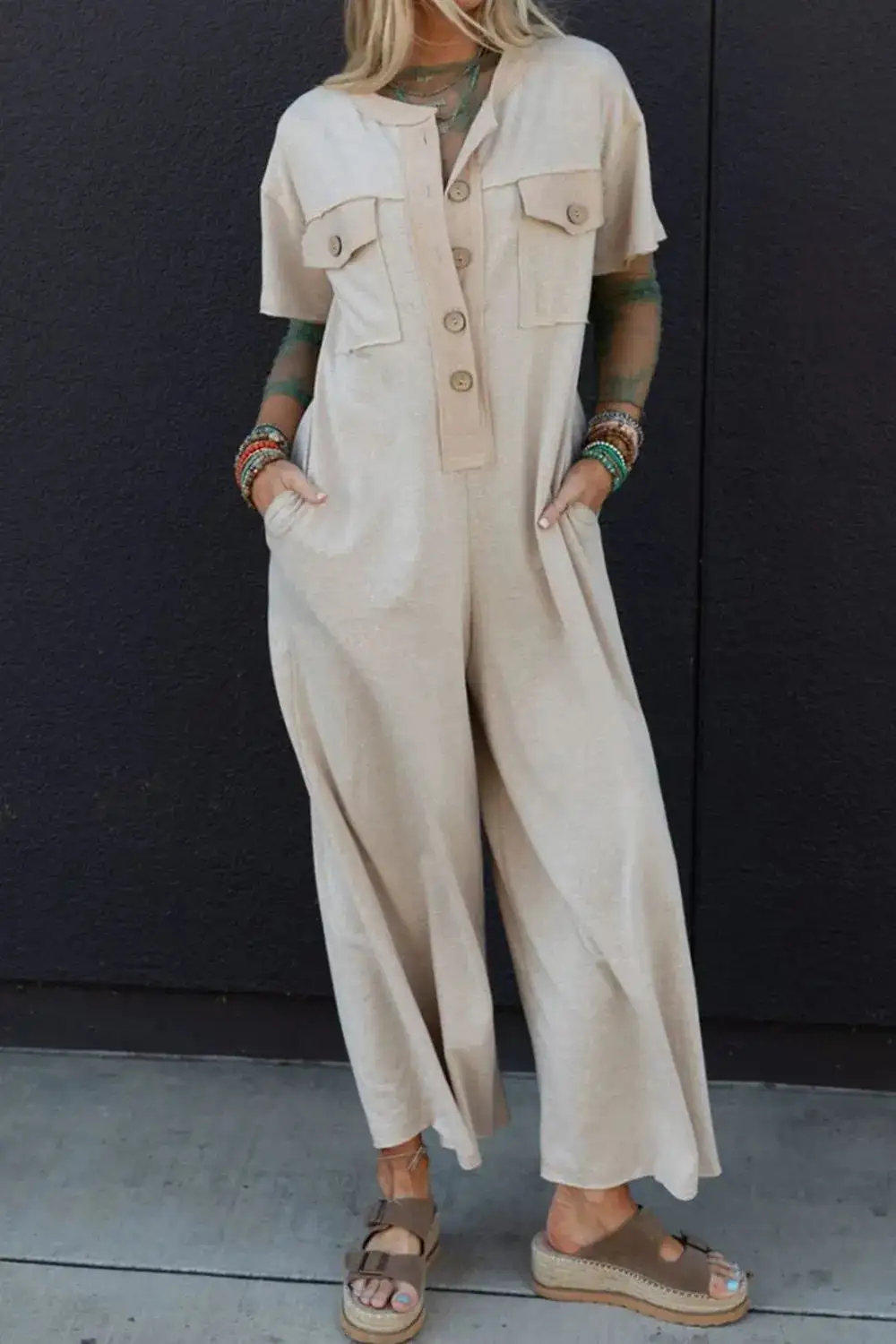 Pocket Front Short Sleeve Wide Leg Shorts