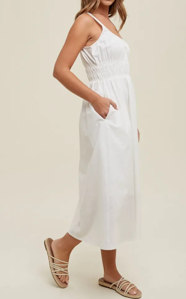 White Linen Smocked Midi Dress