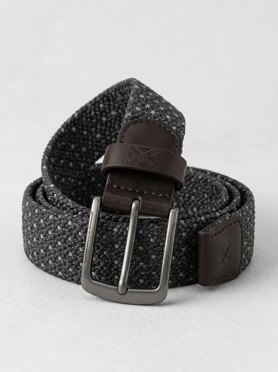 Men's Performance Casual Grey Stretch Woven Leather Trim Belt