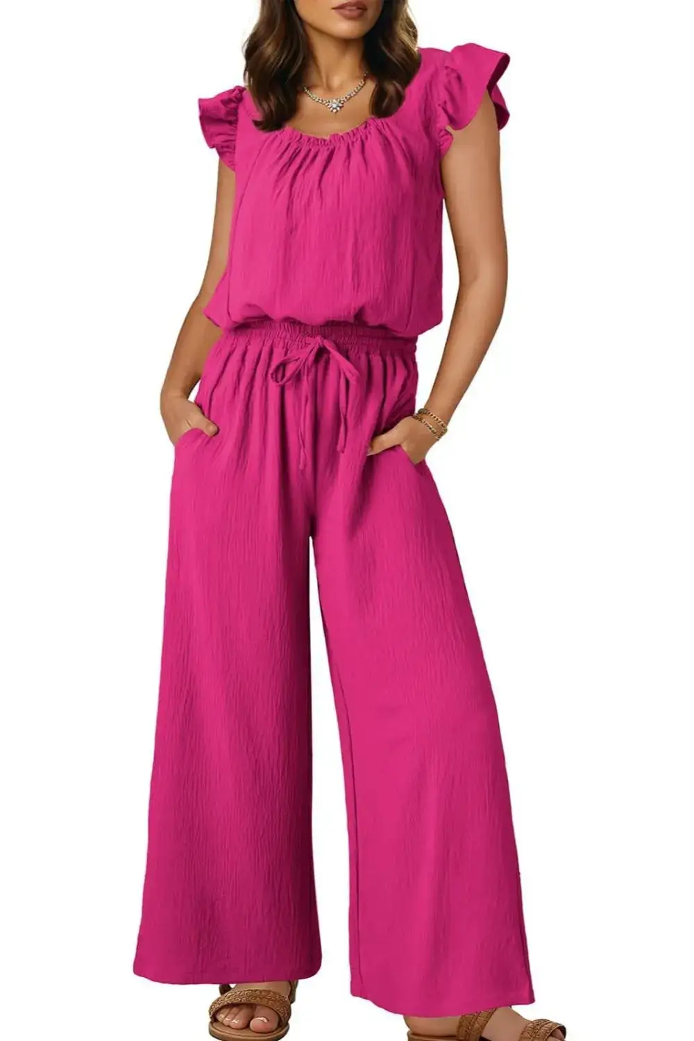 Ruffled Cap Sleeve Wide Leg Jumpsuit Accessory