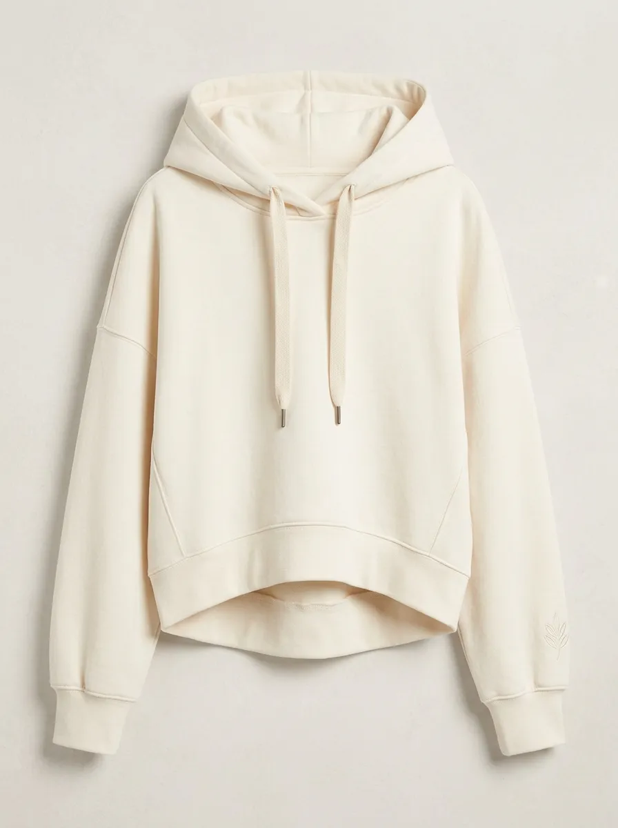 Women's Minimalist Solid Cream Leaf Embroidered Cropped Hoodie