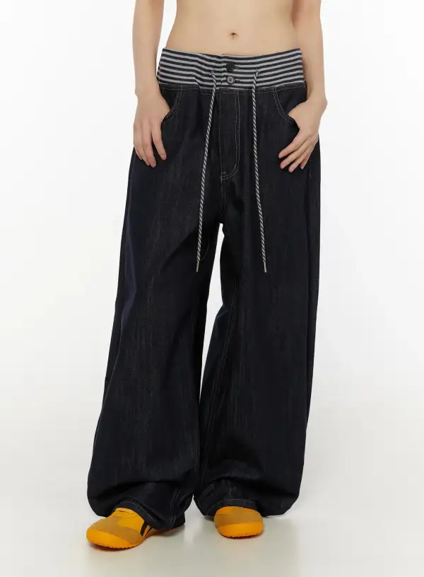Striped-Waist Baggy Jeans