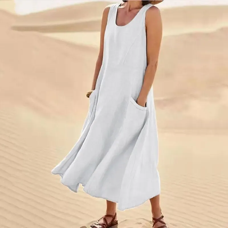 Sleeveless Linen Blend Cotton Blend Maxi Relaxed Fit Dress