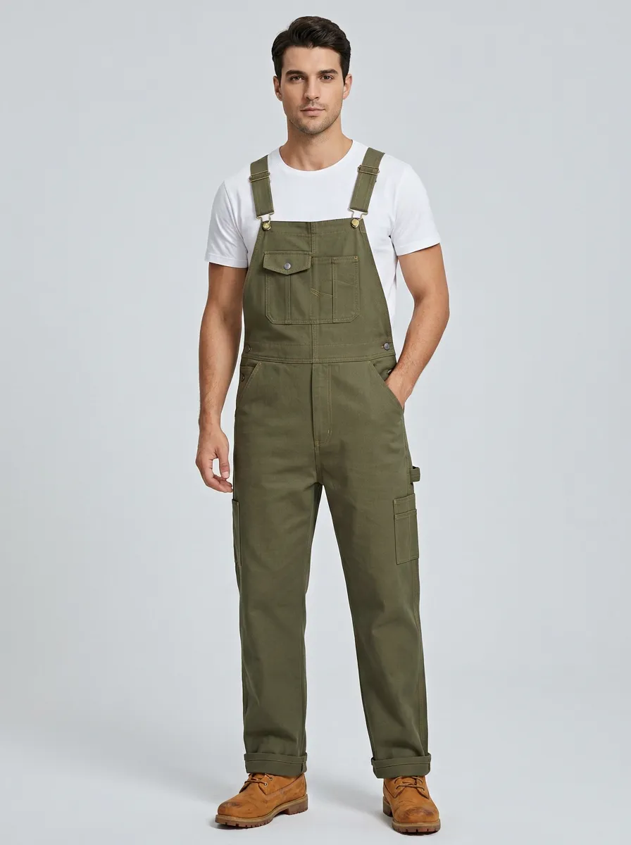 Men's Casual Utility Olive Green Cotton Cargo Overalls