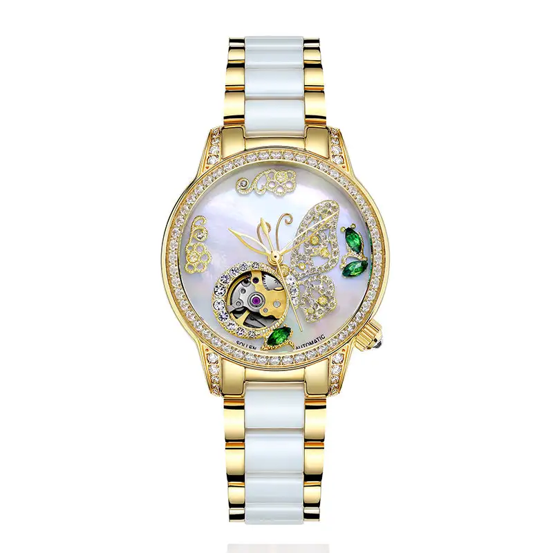 Sollen SL406 Women's Butterfly Open Heart Automatic Watch - 35mm Crystal Bezel Sapphire Crystal Miyota 90S5 Ceramic Bracelet Wristwatch