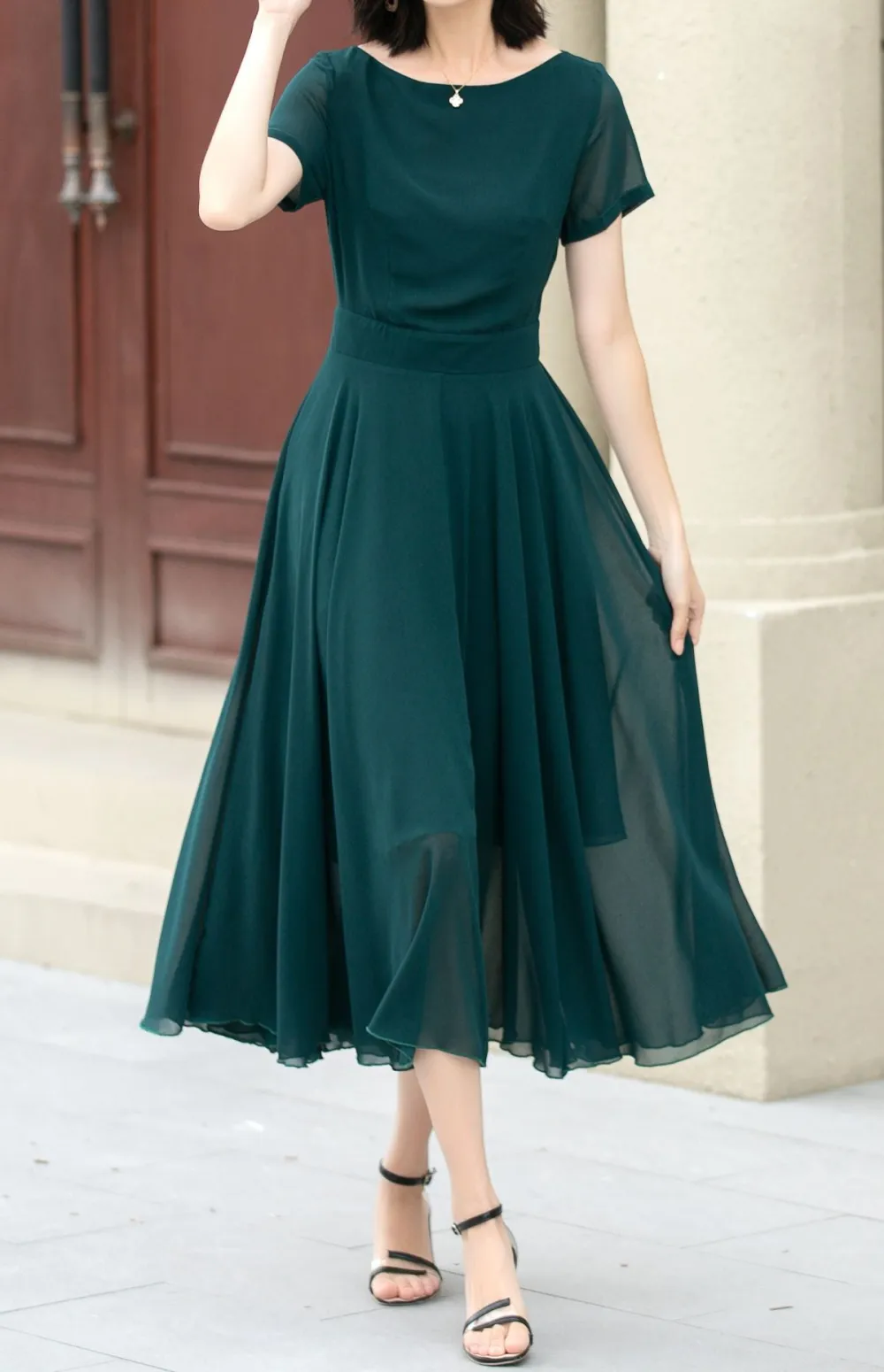 Modern Chiffon Fit And Flare Short Sleeve Midi Dress