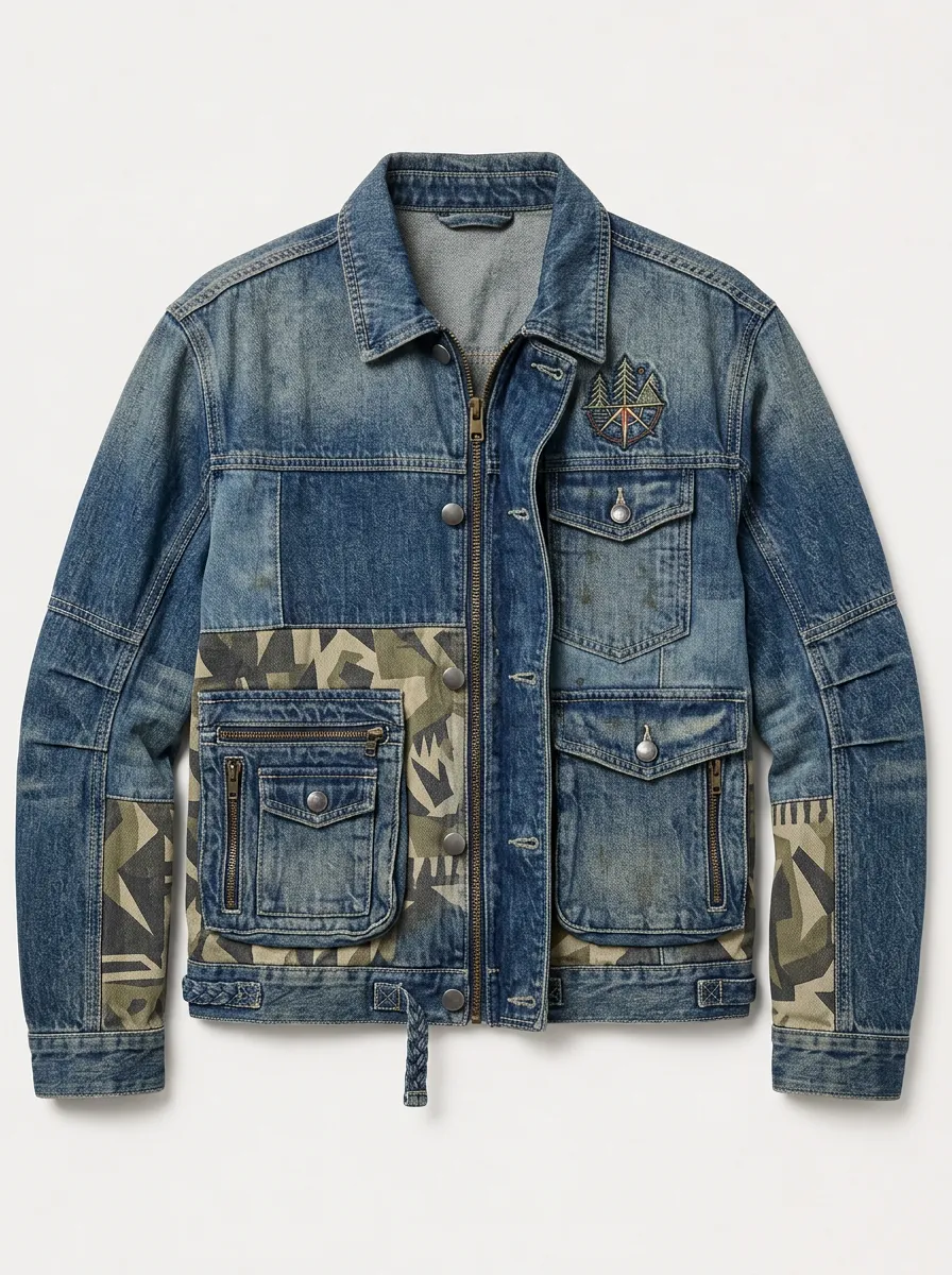 Men's Outdoor Adventure Camo Patchwork Printed Denim Jacket