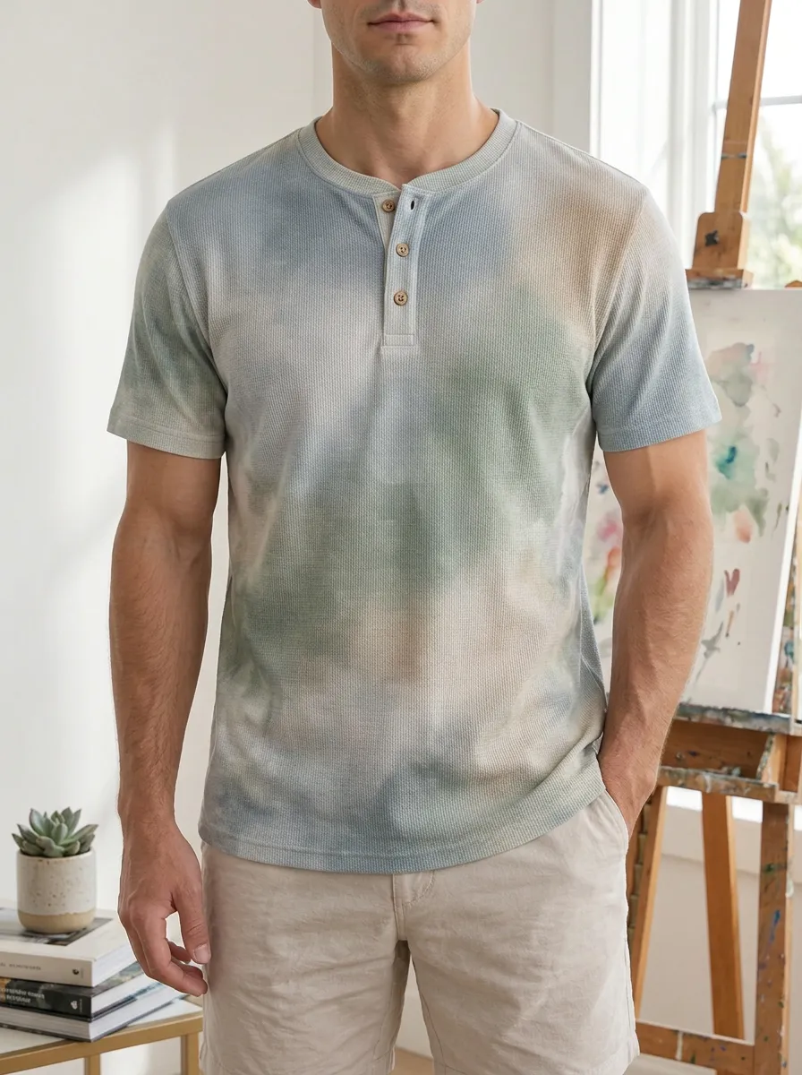 Men's Everyday Casual Style Tie-Dye Waffle Knit Henley T-Shirt