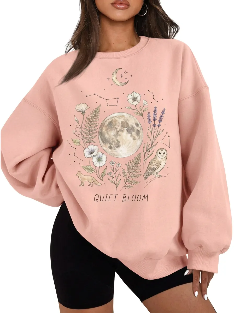 Women's Celestial Nature Moon Owl Fox Graphic Sweatshirt