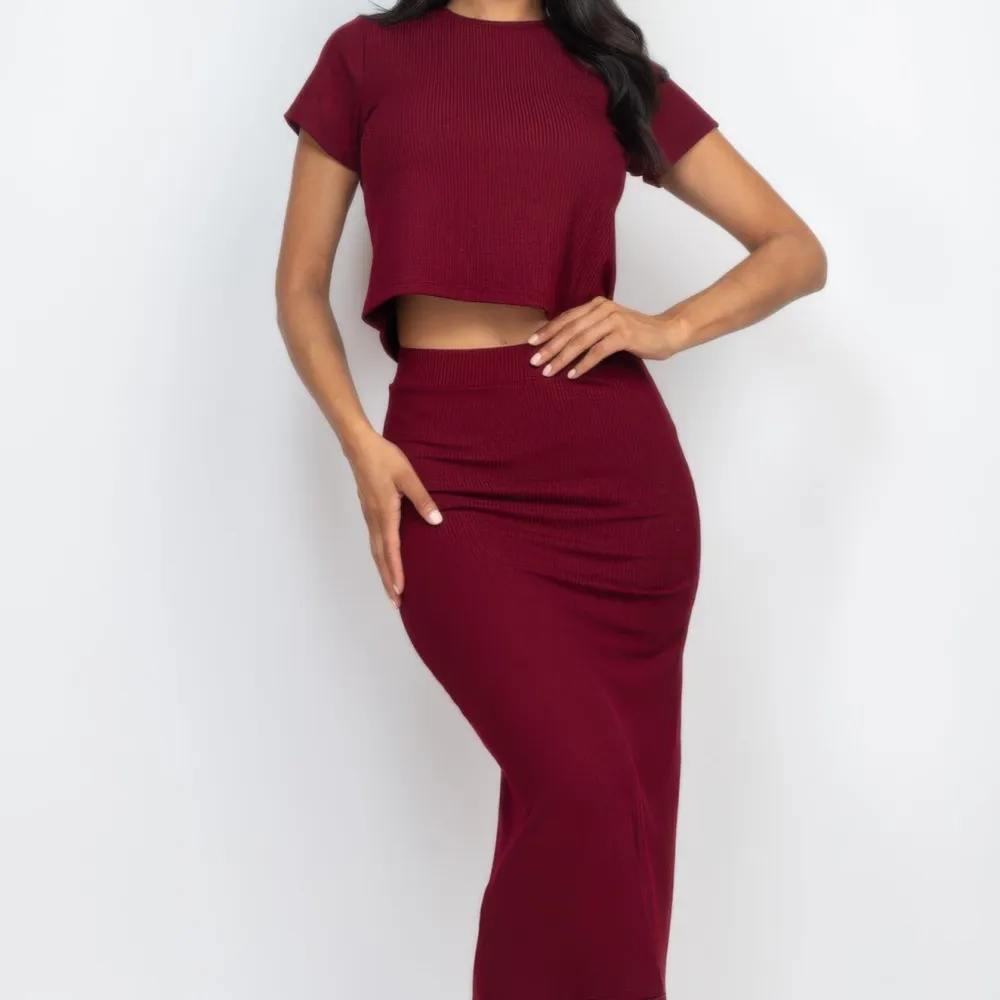 Short Sleeve Ribbed Top & Midi Skirt Set