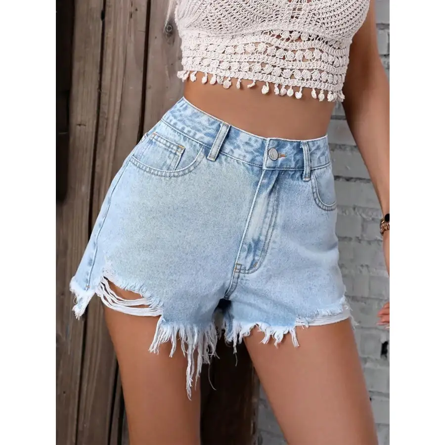 Easygoing Buttoned Raw Hem Pocketed Denim Shorts