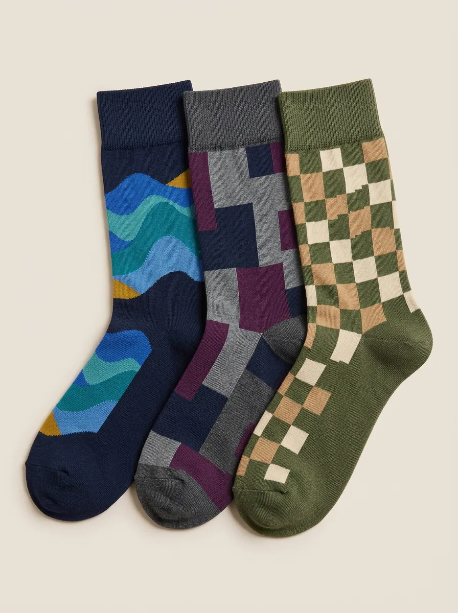 Men's Geometric Wave Checkered Pattern Printed Three Pack Socks