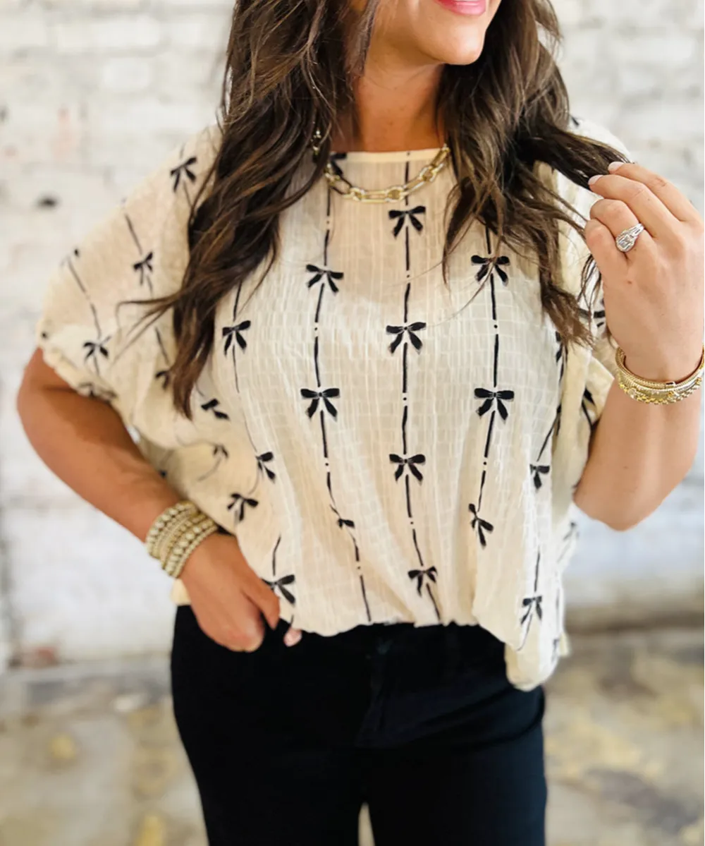 Beige Bow Print Puff Short Sleeve Top