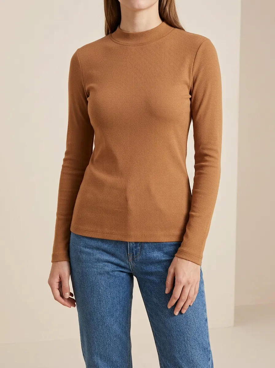 High Neck Ribbed Texture Women's Long Sleeve Tee