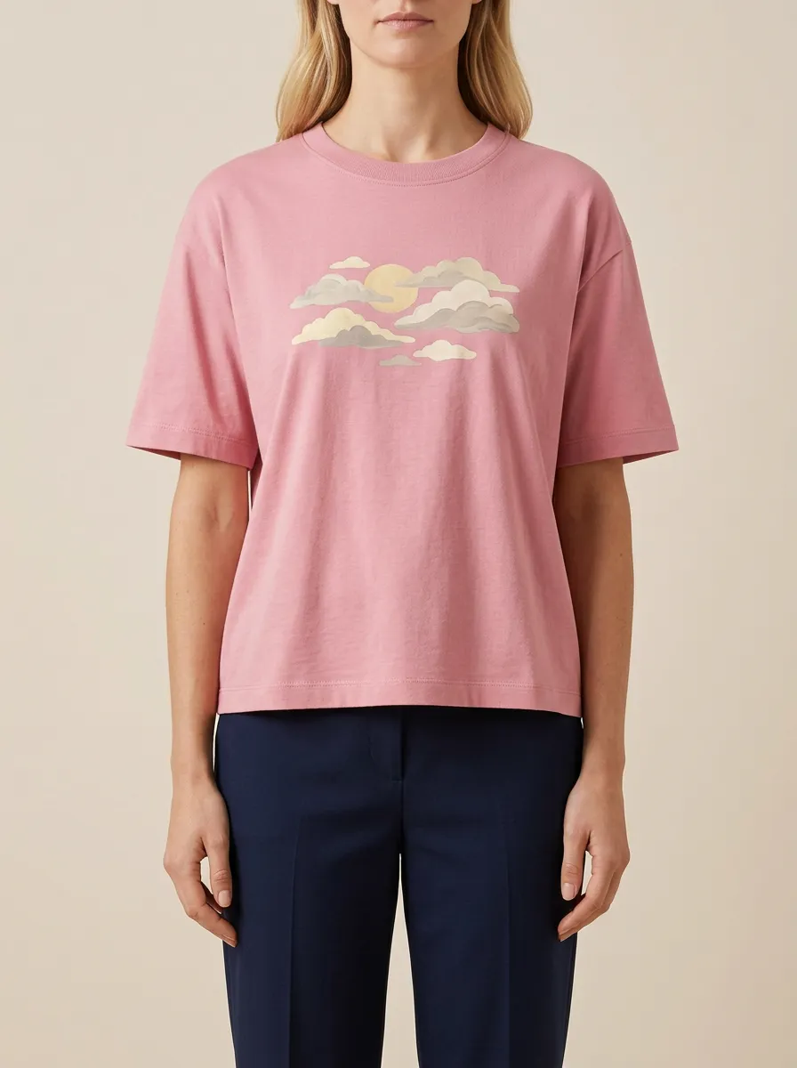 Women's Crew-Neck Graphic Rib-Trim Dropped-Shoulder T-Shirt