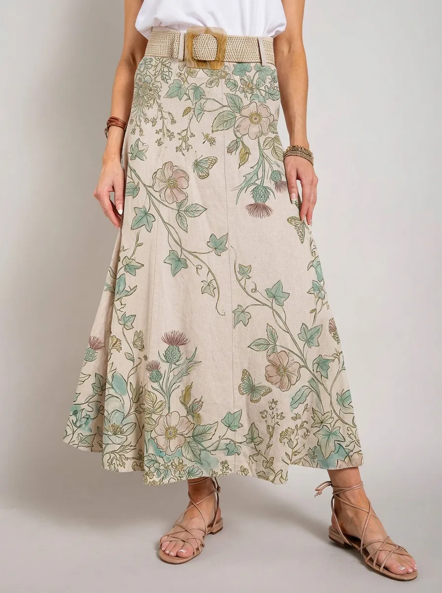 Women's Botanical Floral Butterfly Thistle Printed Maxi Skirt