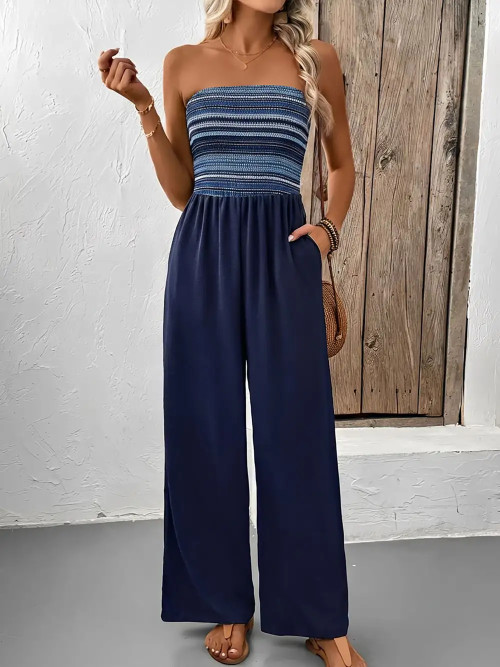 Boho Embroidered Striped Strapless Jumpsuit