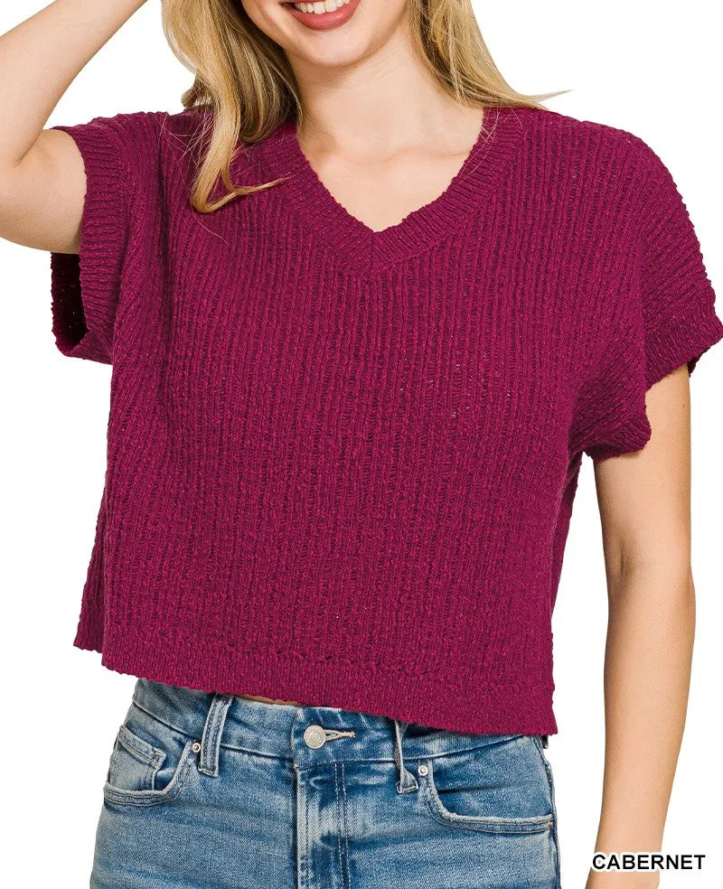 Cotton Textured Knit V-Neck Cropped Sweater