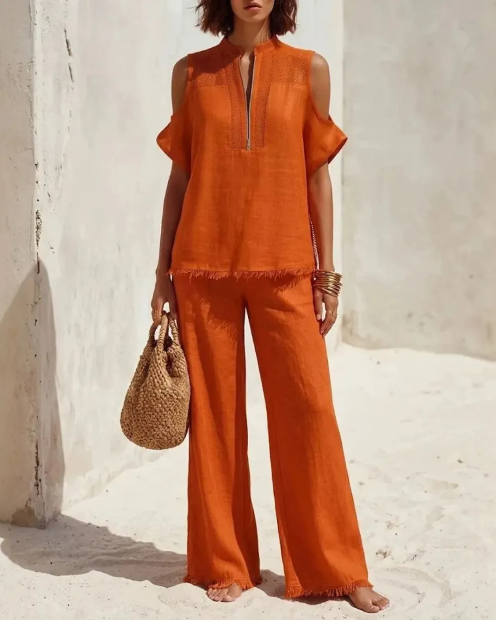 Off-Shoulder Short-Sleeve Pantsuit Set
