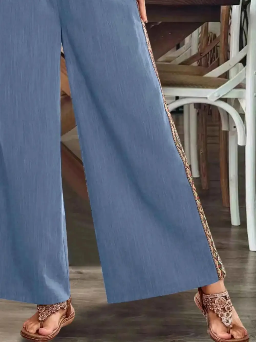 Bohemian Wide-Leg Embroidered Side Stripe Pants