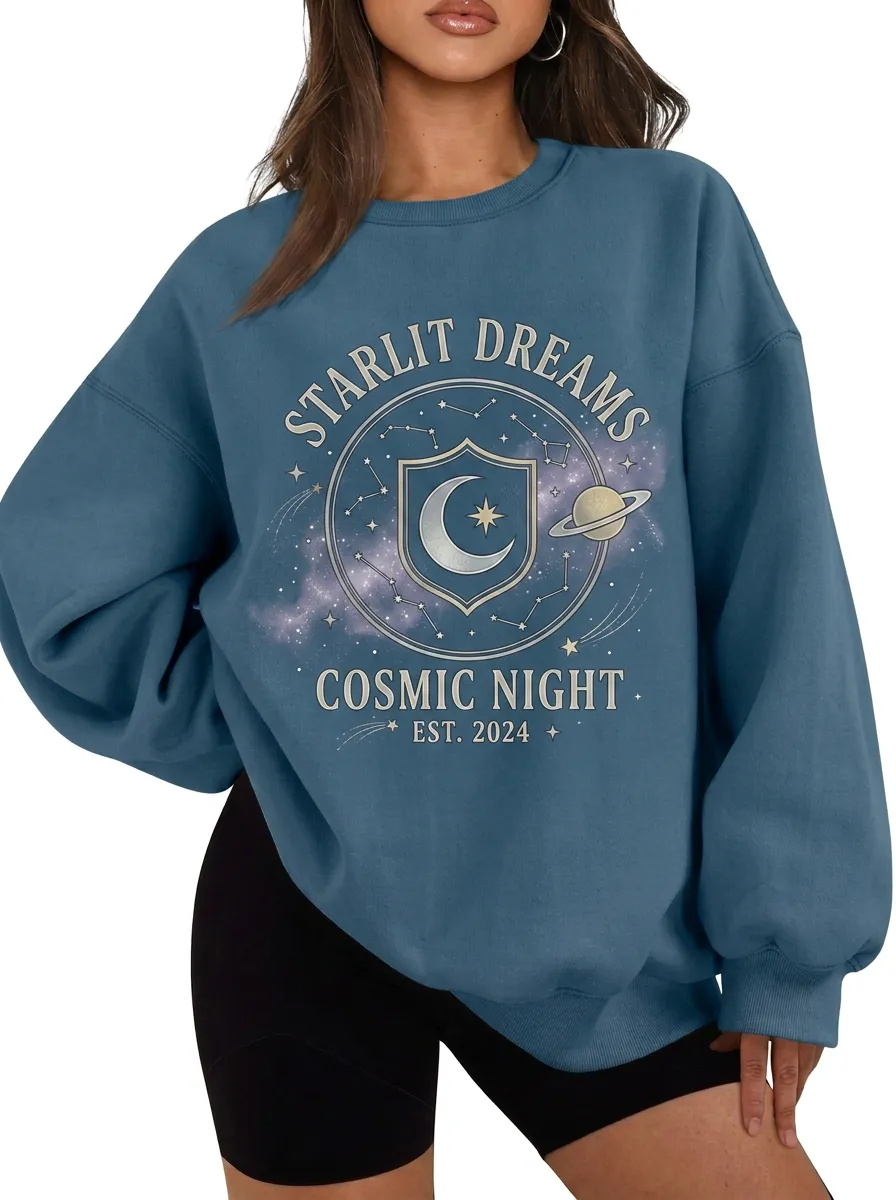 Women's Starlit Dreams Cosmic Night Moon Planet Printed T-shirt