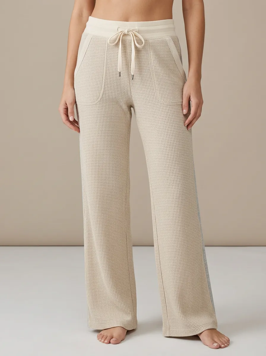 Women's Casual Lounge Waffle Knit Drawstring Wide Leg Pants