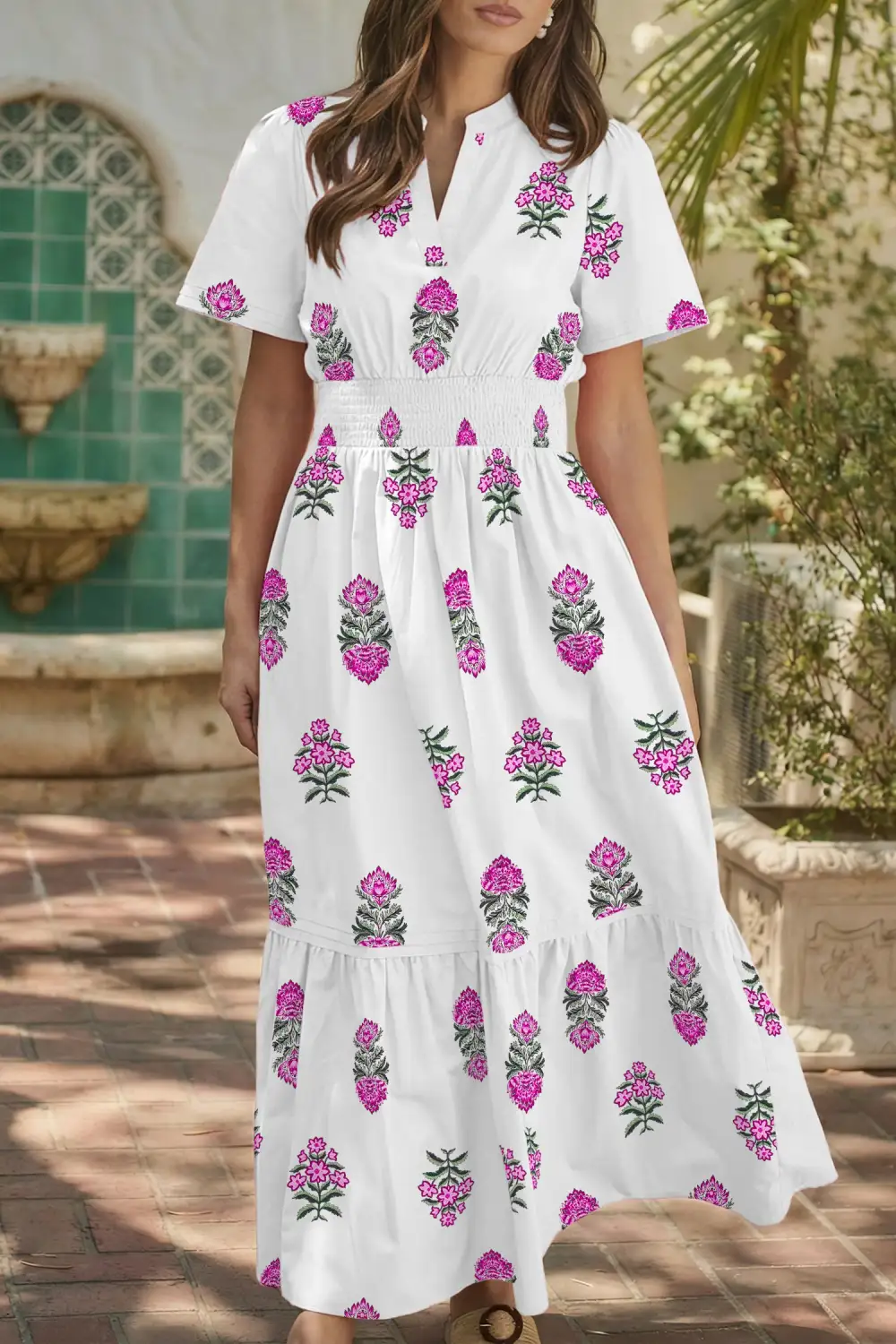 Floral Print Split Neck Shirred High Waist Ruffle Hem