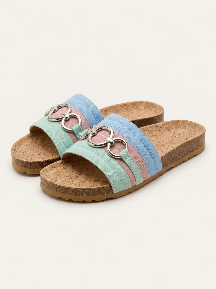 Women's Pastel Striped Metal Chain Cork Sole Printed Slides