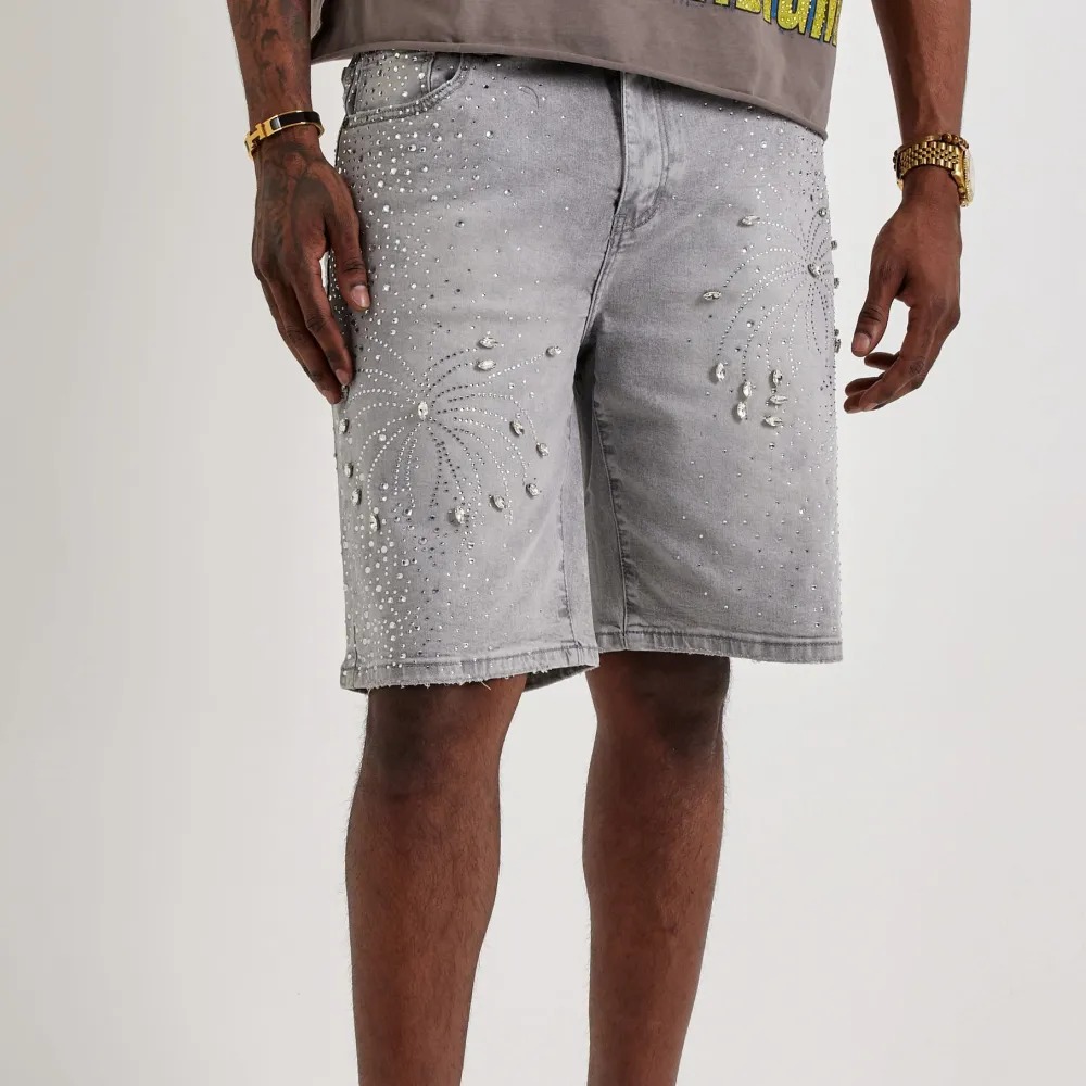 Rhinestone Burst Denim Shorts