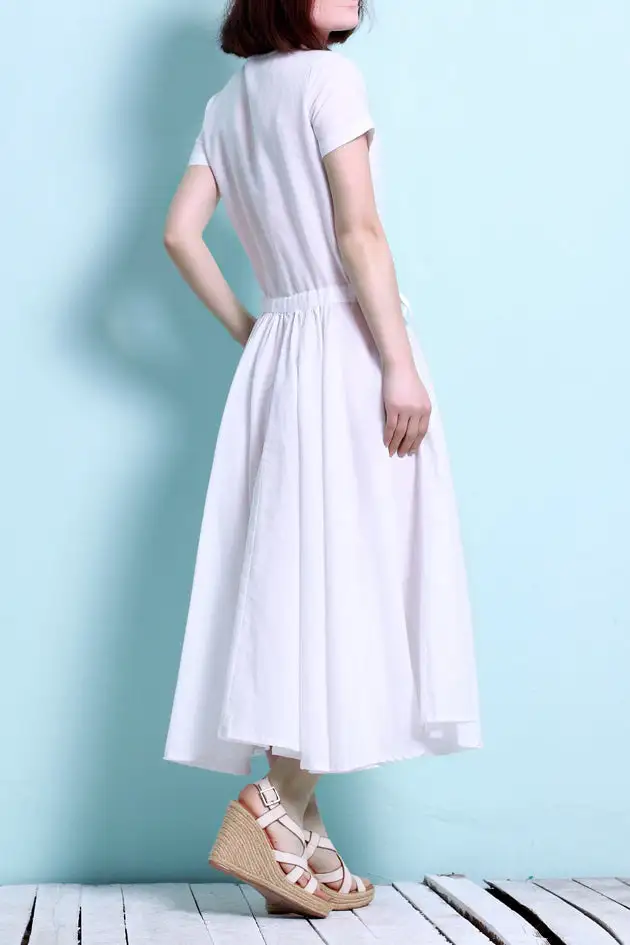 Refined Linen Cotton Short Sleeve Midi Dress