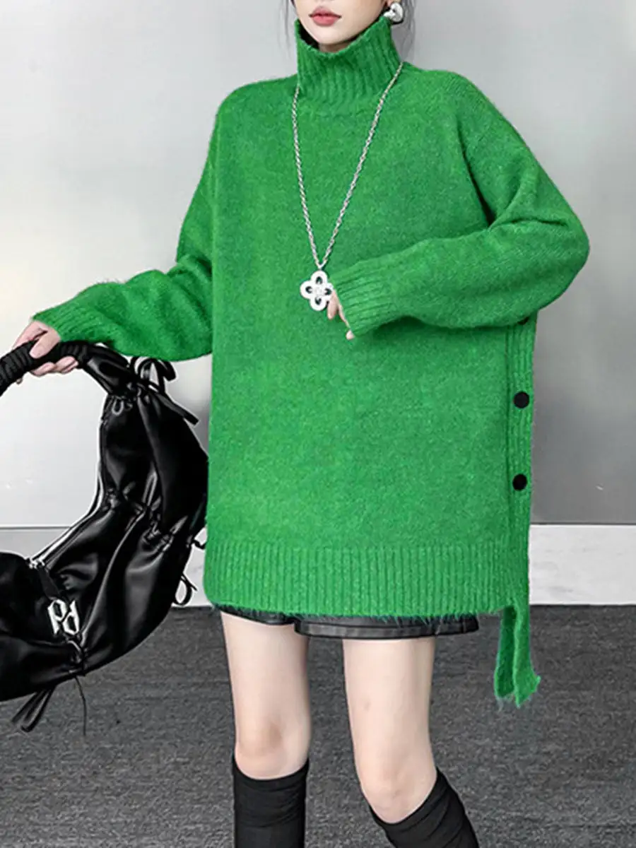 Ribbed Asymmetric Paneled Button Detail High Neck Sweater