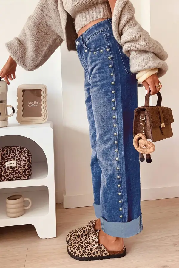 Women's Studded Straight Leg Loose Jeans