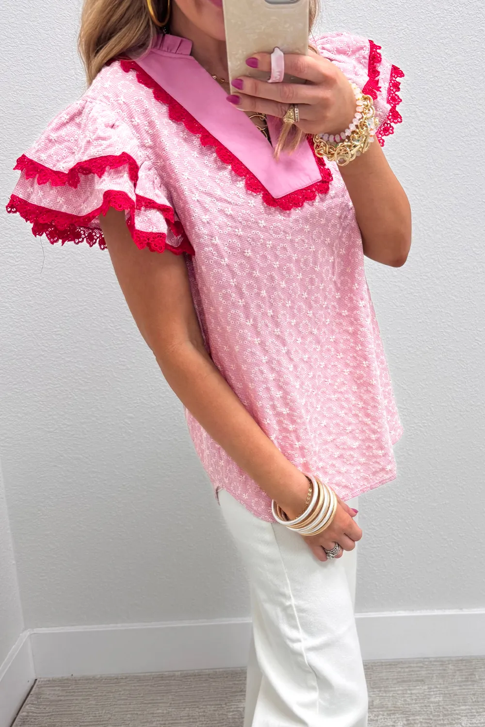 Pink Eyelet Embroidered Flower Texture Blouse