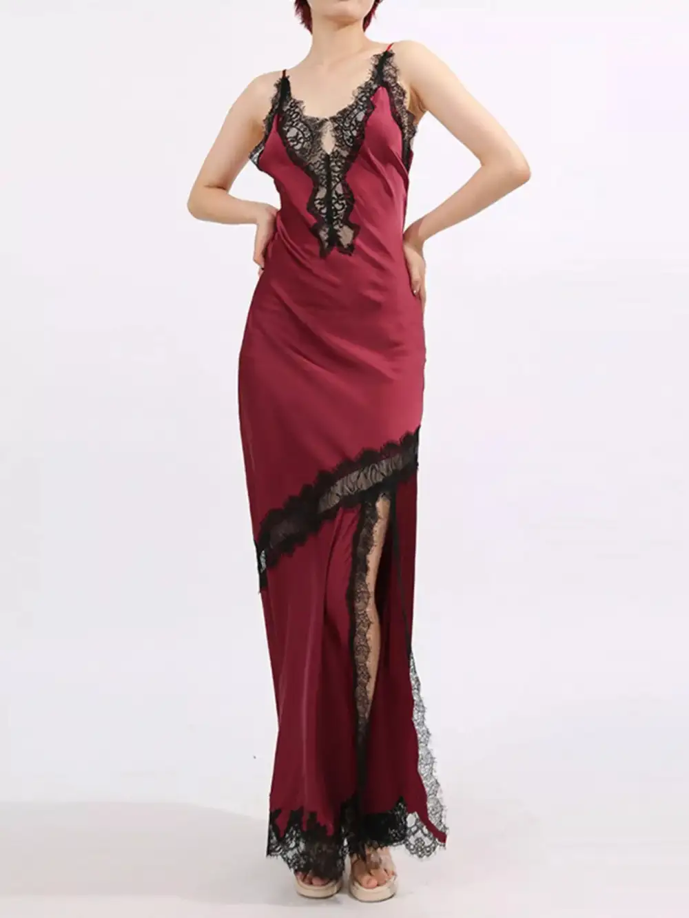 Layered Detail Lace Slit Maxi Dress