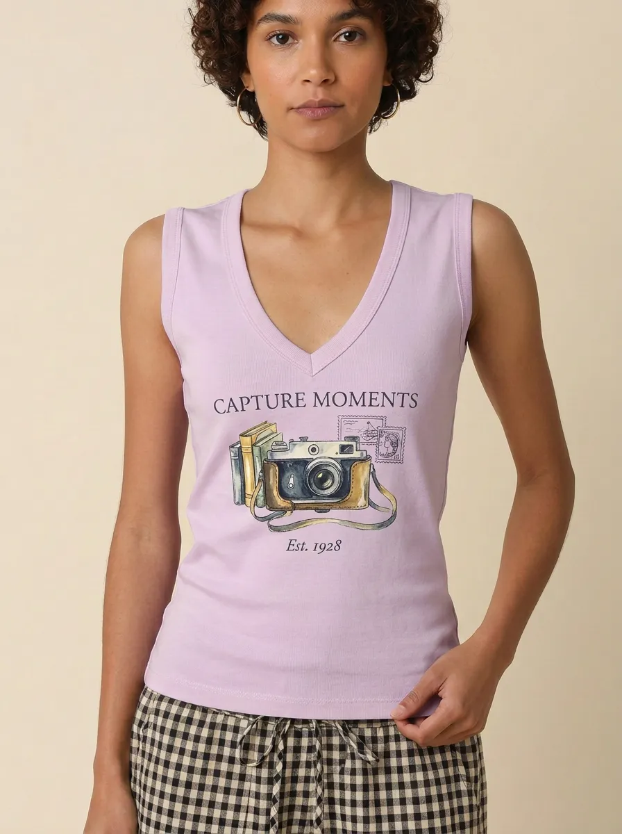 Women's Photography Vintage Camera Graphic V-neck Tank Top