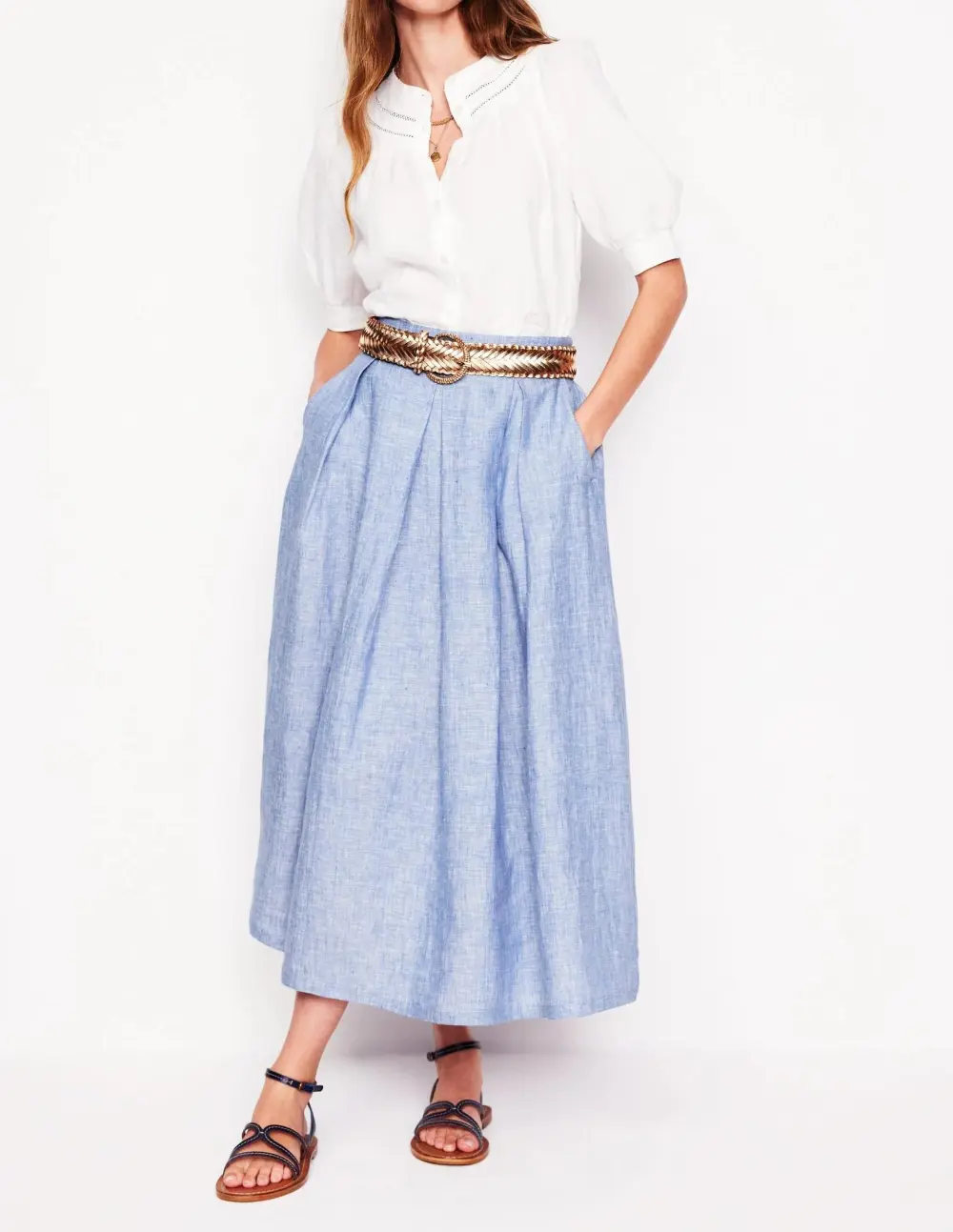 Verity Linen Midi Skirt -Grey Blue Chambray